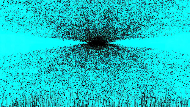 Swarm of particles moving on black dot. Design. Attack of black particles on black hole in space. Swarm of virus particles in cyberspace become pixels
