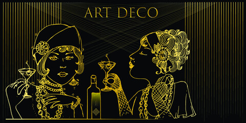Gatsby women drinking wine or cocktails in the luxury bar. Vintage glamour of the 20's. Flapper girls. Art Deco woman. Menu in the bar or in the restaurant. Retro party invitation card. Sketch vector