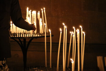 Candles in the legendary Reims Cathedral in the Champagne region, France
