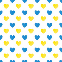 seamless pattern made of blue and yellow drawn hearts