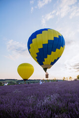 air balloon with basket above lavender field