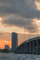 sunset over the bridge sea building miami usa florida 