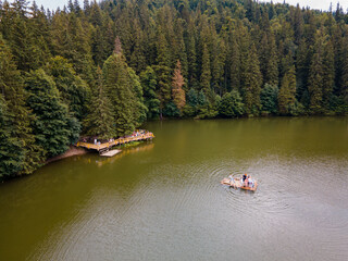 aerial view of synevyr lake in Ukrainian carpathian mountains