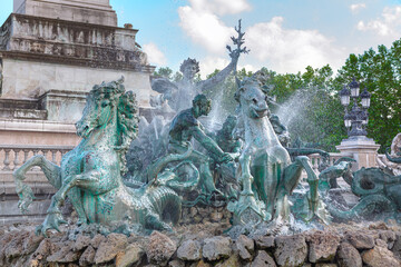 Monument aux Girondins in Bordeaux France . Fountain of Place des Quinconces. Sculptures of horses made by bronze