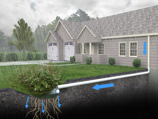 A diagrammatic 3D illustration of a Rain Garden drainage system. Rainwater run-off is diverted from the gutters into an underground pipe to a small retention garden area where it is absorbed.  - obrazy, fototapety, plakaty