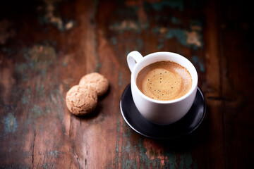 Cup of coffee with Amaretti (Italian biscuits) on rustic wooden background. Copy space.