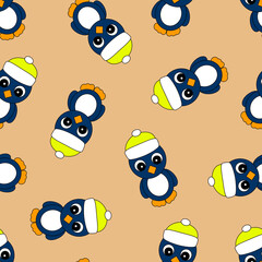 Colorful Seamless Pattern with Christmas Penguin in a Hat. Digital Paper with Penguin on Orange background.