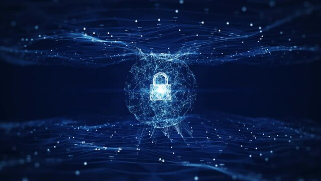 Cybersecurity and Big Data Protection Concept Video. prominent circle in the middle Small padlock binary polygon wave acts as a slow moving upper and lower interconnection with dark blue background.
