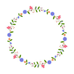 Round flower frame. Floral wreath. For Easter greeting card, wedding , birthday card, invitation. Vector illustration.