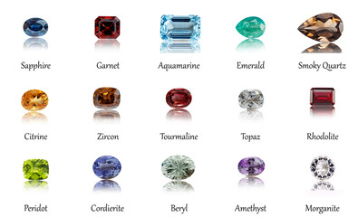macro mineral stone collection, set of faceted precious minerals on a white background