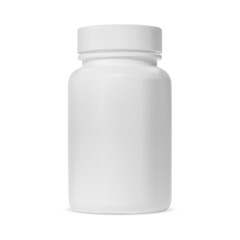 Pill bottle. White medicine supplement jar, isolated vector. Aspirin capsule box template. Medical antibiotic tablet bottle, drug medicament. Relistic pharmaceutical container on white background