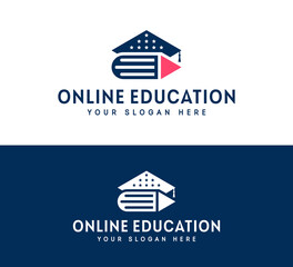 Fototapeta premium Online Education Vector Illustration. Hat, Book, Pen, Pencil, Stars and Play Button. Education Icon Concept White Isolated. Flat Design Suitable for Web, Banner, Flyer, Sticker, Card, Background.