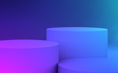 3d purple blue neon light cylinder podium minimal studio gradient dark colors background. Abstract 3d geometric shape object illustration render. Display for nightclub party and technology product.