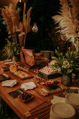 Close up of catering service table full of food. Concept of holiday event like wedding or...