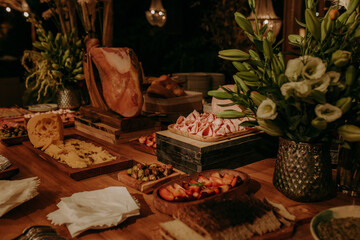 Close up of catering service table full of food. Concept of holiday event like wedding or anniversary. Restaurant self service and buffet with delicious