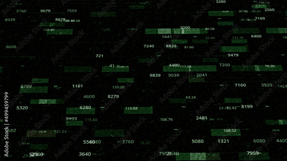 Poster abstract green flowing digital numbers and rectangles on a black background, seamless loop. animatio