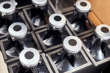 Worker is production speakers and loudspeakers at the factory. Handmade creation of acoustic music systems