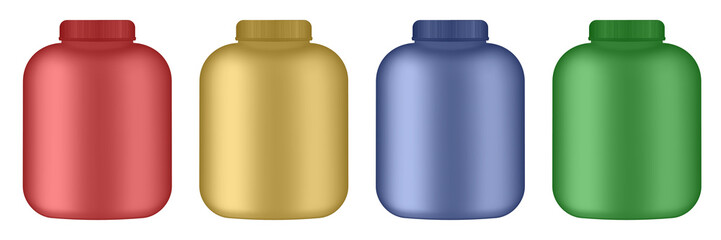 Realistic vector sport nutrition containers without label. Whey protein and mass gainer plastic jar isolated on white background. Red, green, gold and blue jars.