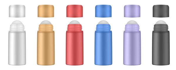 Set of roller ball bottles. Body antiperspirant deodorant roll-on, open  blank bottles with screw cap. Realistic vector mockup. Roller Applicator. White, gold, red, blue, purple and black containers