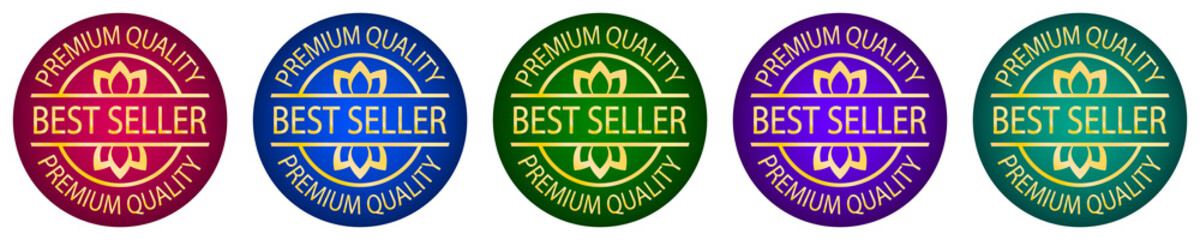 Best seller premium quality. Set of round logos. Label or seal. Product quality. Bestseller cachet. Round print. Top seller. Red, blue, purple and green.