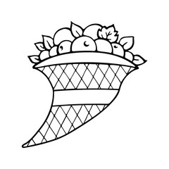 Horn of plenty vector graphic outline ornament, a stylized cup or bowl with fruits and leaves.