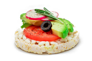 Rice Cake Sandwich with Avocado, Tomato, Cottage Cheese, Olives and Radish - Isolated on White. Easy Breakfast. Diet Food. Quick and Healthy Sandwiches. Crispbread with Tasty Filling - Isolation