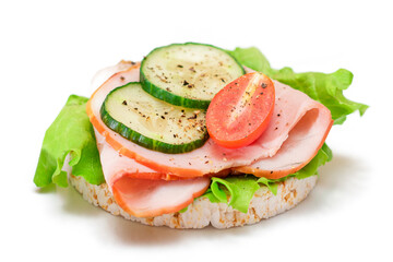 Light Breakfast. Quick and Healthy Sandwich. Rice Cake with Ham, Tomato, Fresh Cucumber and Green...