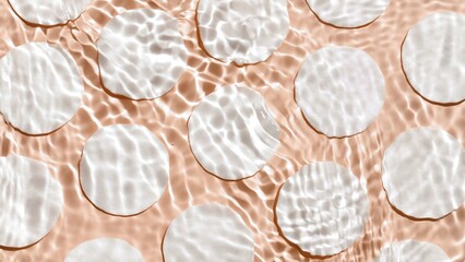Water ripples and waves over cotton pads arranged in lines on beige background | Background for beauty products. Background for cosmetic product