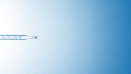 Graduated chemical dropper with clear liquid dropping from it on pale blue background | Abstract skincare cosmetics formulation concept