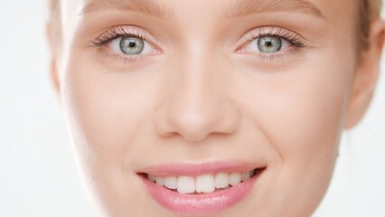 Extreme close-up shot of European female beauty model smiling wide for the camera on white background | Face care concept