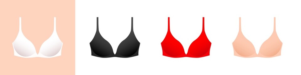 Colored female bras mockup collection. Red lingerie with an elegant black design. Modern sexy style of beige textile clothing with beautiful vector shapes - obrazy, fototapety, plakaty