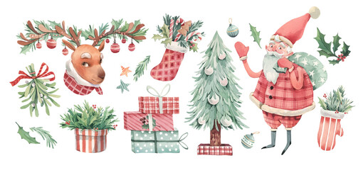 New Year's set in red-green colors on a white background, includes: Santa Claus, Christmas tree, mistletoe, Christmas bouquets in mittens and felt boots, holly, gifts, deer. Hand-drawn in watercolor