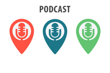 Podcast radio location pin. Vector flat illustration, icon, logo design.