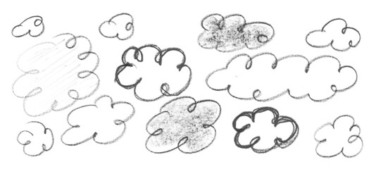 Set clouds and smoke grunge graphite pencil isolated on white 