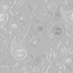 Textured floral white 3d seamless pattern. Vector embossed background. Repeat emboss Paisley flowers backdrop. Surface relief flowers and leaves ornament. Modern leafy 3d design with embossing effect