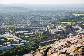 Scotland, Edinburgh.  Holyrood park and ancient volcano. Beautiful panoramic view City of Edinburgh  from the mountain