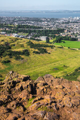 Scotland, Edinburgh.  Holyrood park and ancient volcano. Beautiful panoramic view City of Edinburgh  from the mountain