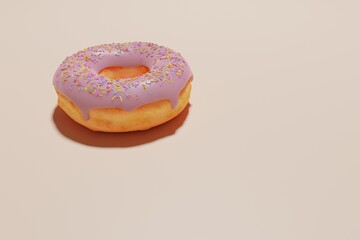 donut covered by pink chocolate isolated on pastel background 3d rendering