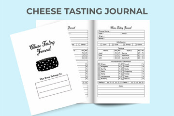 Cheese tasting journal KDP interior. Dairy products and cheese quality testing notebook template. KDP interior logbook. Cheese texture and characteristics tasting project tracker interior.