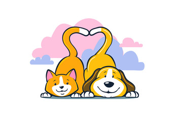 Cartoon happy cat and dog wagging with tails making heart shape, vector illustration pet logo.