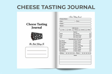 Cheese-tasting KDP interior notebook. Cheese texture and taste checker interior. KDP interior journal. Dairy products characteristics and source tracker journal template. Cheese quality notebook.