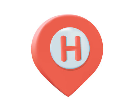 Location mark, destination pointer with letter H, hotel or hospital sign. 3d vector icon. Cartoon minimal style.