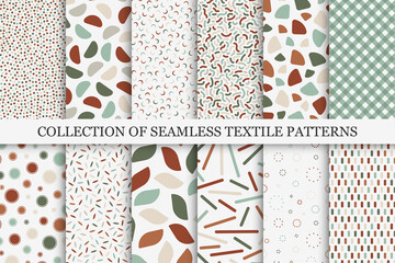 Collection of vector seamless patterns with colorful mosaic shapes. Trendy abstract minimalistic backgrounds. Textile prints, stylish textures