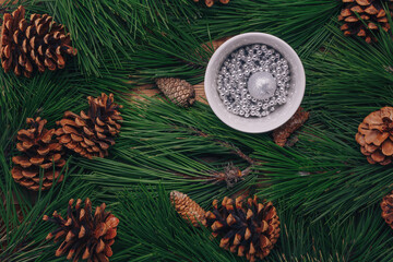 Green pine tree branches, cones background, cup of shiny silver beads, top view. Merry Christmas, Happy New Year