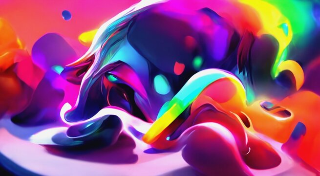 Vibrant banner template. Neon colors. Creative futuristic design. Fluid dynamic backdrop. Liquid shapes. Abstract graphic poster. Wavy background. 3D illustration.