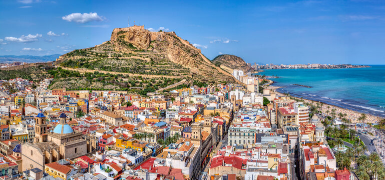 Alicante with the cathedral and the castle of Santa Barbara, Spain.