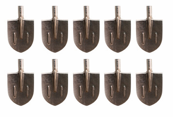 Metal bayonet shovels on a white background