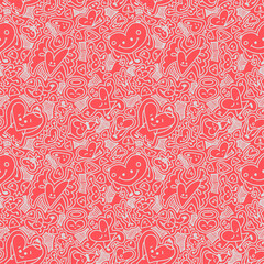 Vector pattern in doodle style with cute funny hearts on a pink background, love. Romance, Valentine's Day, romantic pattern for postcards, posters, fabrics