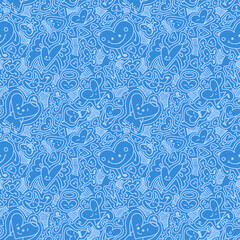 Vector pattern in doodle style with cute funny hearts on a lue background, love. Romance, Valentine's Day, romantic pattern for postcards, posters, fabrics