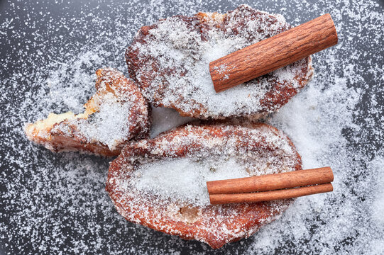 typical torrijas during holy week in spain in dishes with doilie